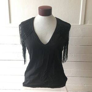 NWT See By Chloé Luxe Beaded Fringe V-Neck Tee